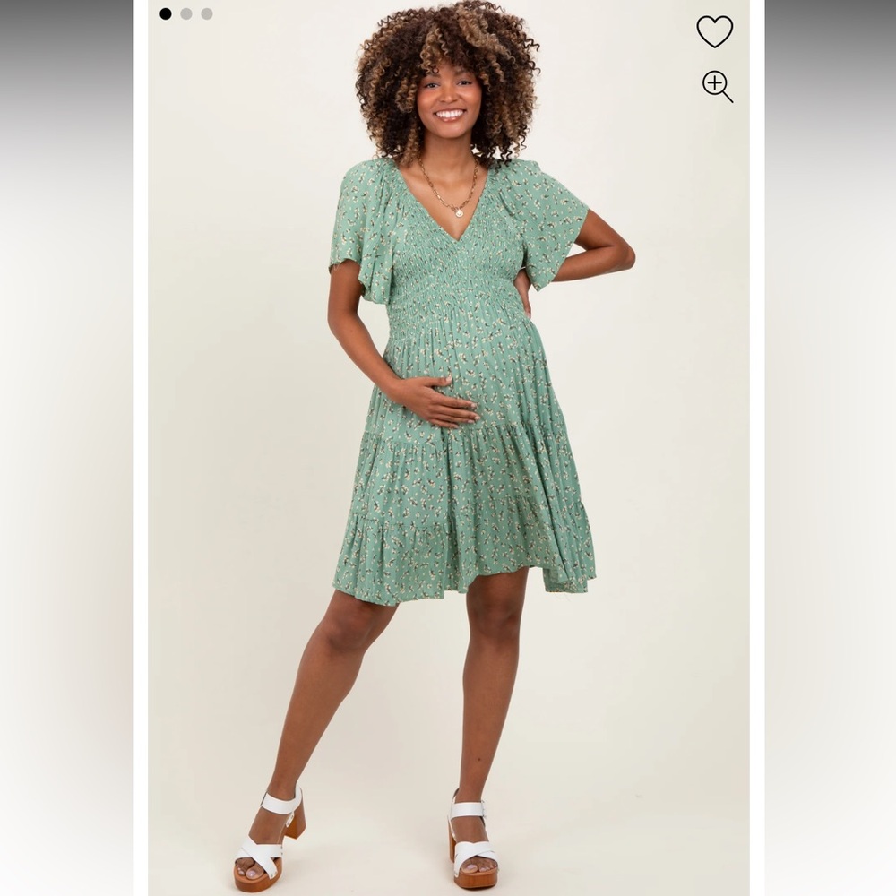 Light Olive Floral Smocked V-Neck Maternity Mini Dress